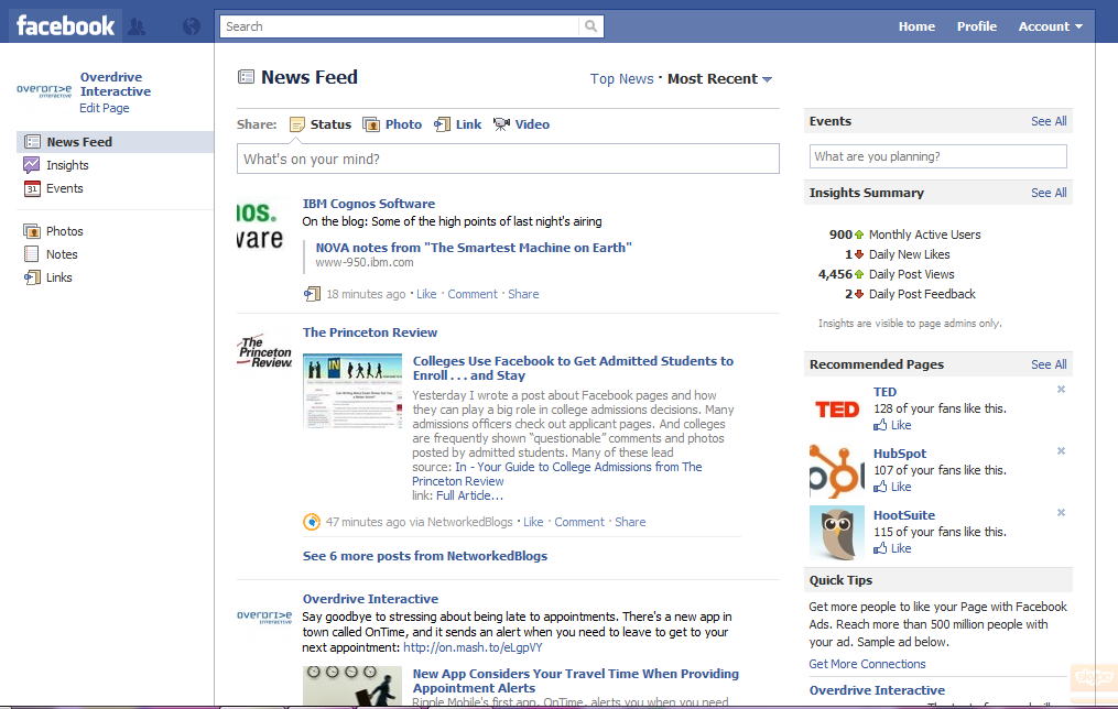 Explore your Facebook Fan Page’s newsfeed, composed of your page’s Favorite Pages.