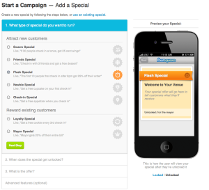 Foursquare specials start a campaign tab
