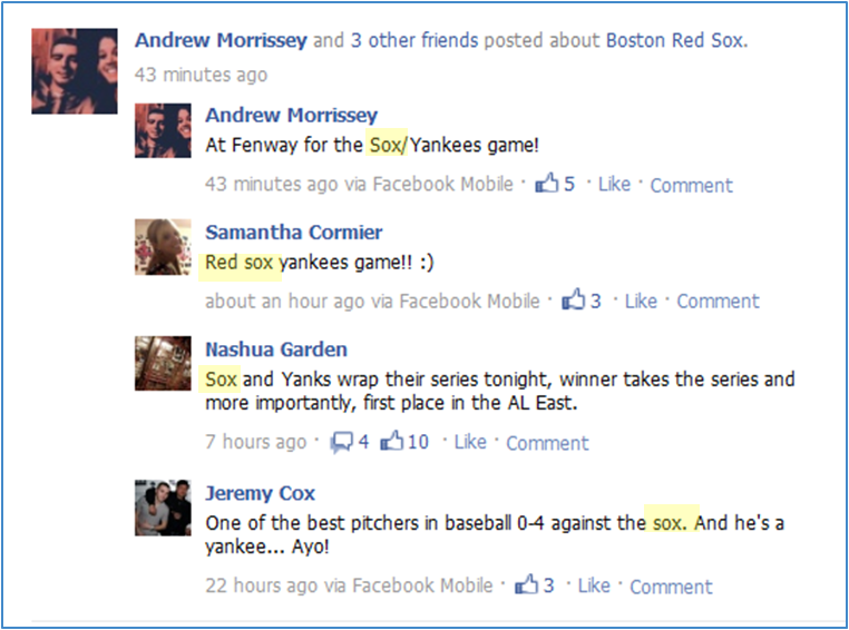 A new type of news feed story in facebook that links status updates by group talking about the Red Sox