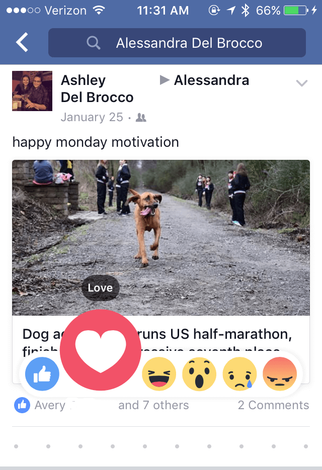 Facebook reactions on the mobile app
