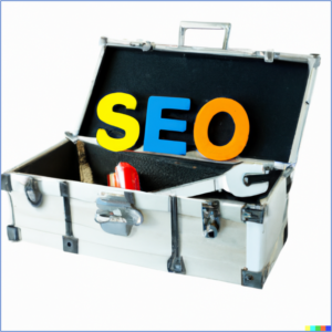 Open toolbox with big colorful "SEO" letters sitting in lid to represent enterprise SEO tools.