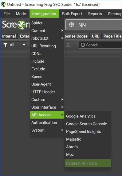 Screenshot of ScreamingFrog API config interface.