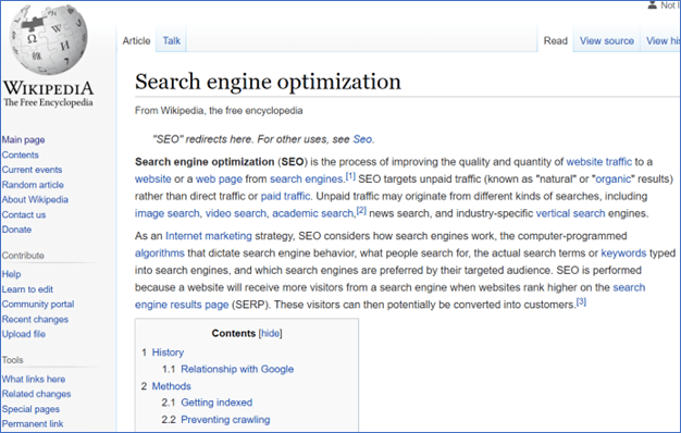 Wikipedia page for "Search engine optimization" as it relates to enterprise SEO strategies.