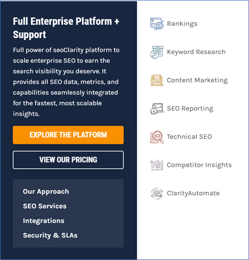 Screenshot of seoClarity full platform support options menu.