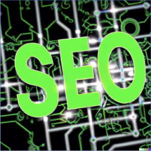 "SEO" in big green block letters with abstract circuit nodes.