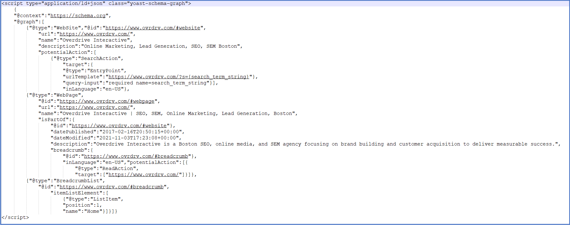 Screenshot of schema code markup in a website page source code.