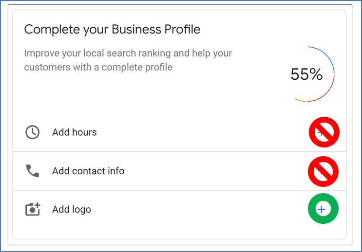 Screenshot of interface to "complete your business profile" on GMB.