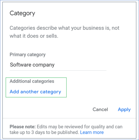 Screenshot to choose additional categories for GMB profiles.