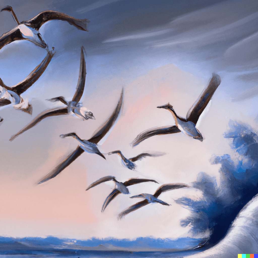 Several geese flying low to the water over a smooth lake with peach colored sky.