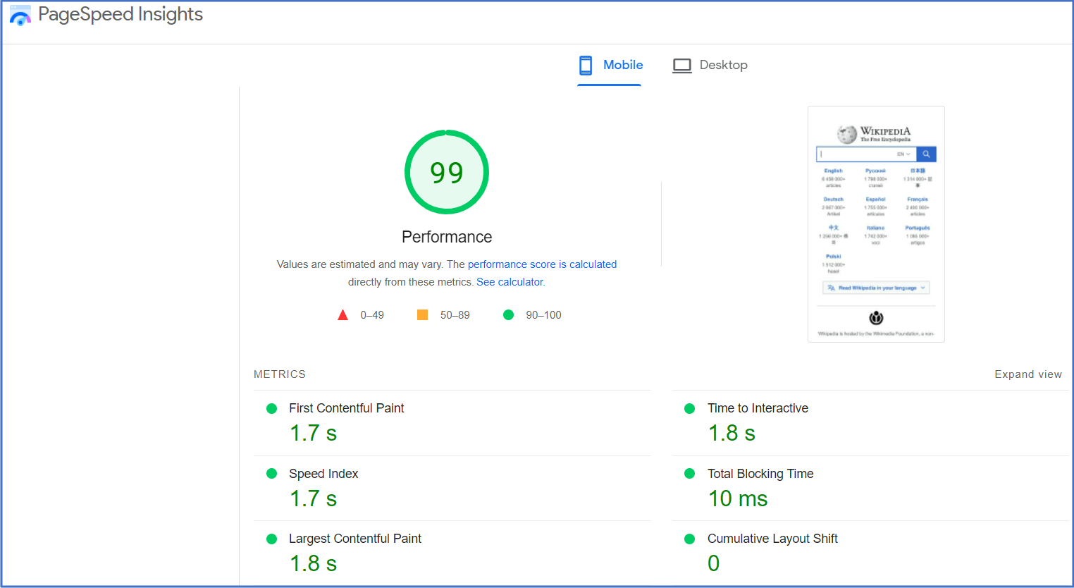 Screenshot of Google's PageSpeed Insights report.